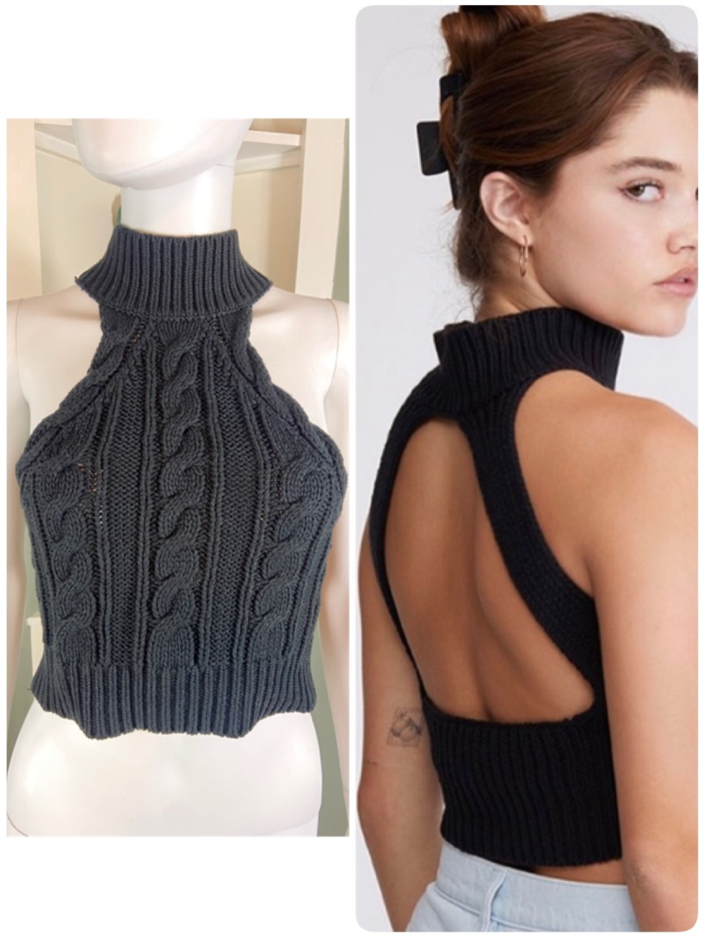 NWT Kendall & Kylie Black Cable-Knit Sleeveless Turtleneck Crop Top Sweater M